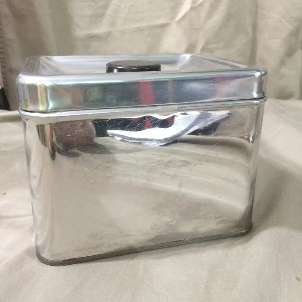Vintage Kreamer Ware Chrome TEA Canister 1950s MCM Metal Kitchen Tin Black Knob